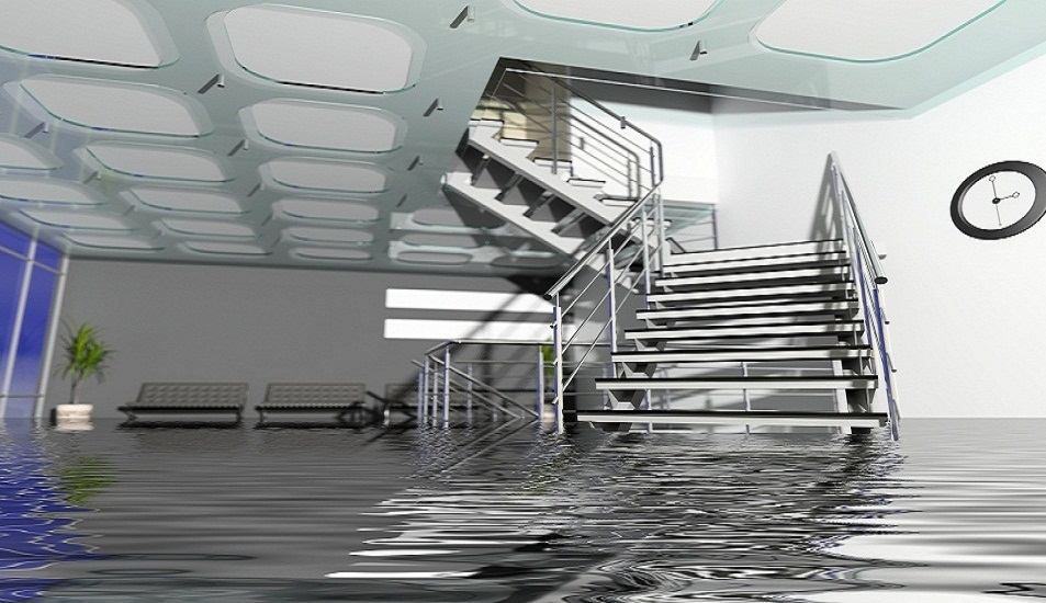 A flooded modern interior features a metal staircase, an abstract ceiling design, and partially submerged furniture. The scene highlights the urgent need for burst pipe repair to prevent further damage.