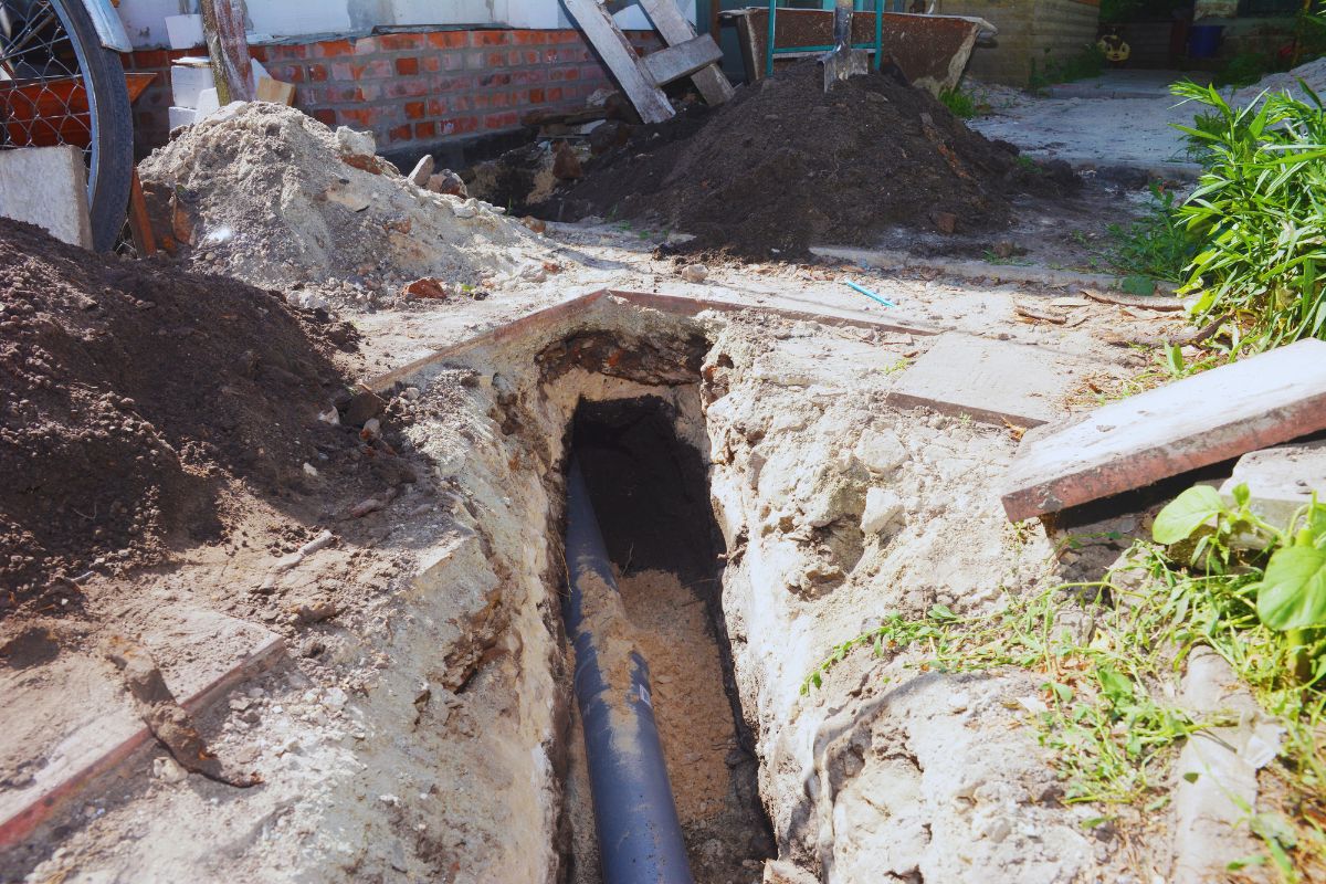 A partially dug-up yard shows a trench containing a visible underground pipe. Dirt piles are placed nearby, and various tools are scattered around the site—a reminder of how crucial homeowners insurance can be for unexpected issues like sewer backup.